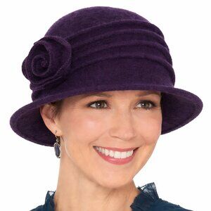 Vintage 100% Wool Ruched Cloche Hat with Rose Accent 57cm